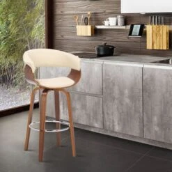 Julyssa Mid-Century Modern Faux Leather And Wood Swivel Bar Or Counter Stool - Cream & Walnut - Counter Height