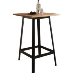 Transitional Square Shaped Wooden Bar Table With Metal Base, Black And Brown