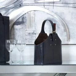 Leather 2 Bottle Wine Holder With Carrying Handle - Dark Blue - 5.65 X 10.25 X 13.30