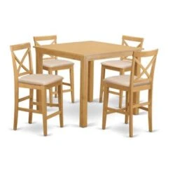 East West Furniture 5-piece Counter Height Dining Room Pub Set - A Table And Chairs - Oak Finish (Seat's Type Options) - CFPB5-OAK-W -Elegance Barware 0b287763 c14b 407d aa74 a2286c292c57
