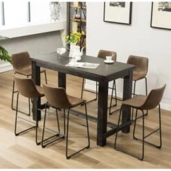 Roundhill Furniture Lotusville 7-PC Antique Black Wood Table With Faux Leather Barstools - Grey -Elegance Barware 1081ace0 34b2 47fe b3a5 373e3a8aaff3