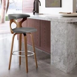 Zenia Modern Faux Leather And Wood Swivel Bar/Counter Stool - Grey & Walnut - Bar Height