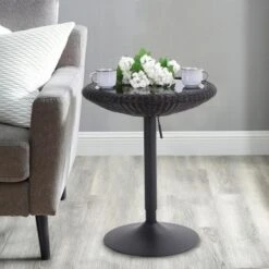 PHI VILLA Adjustable Rattan Pub Bar Table, Round Glass Table Top 29"-39" - Black