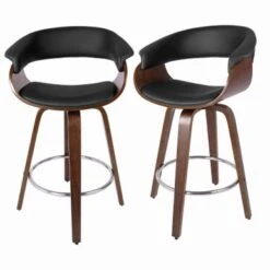 Modern Swivel Bar Stools Upholstered Counter Stools, Set Of 2 - Black/Walnut - Bar Height