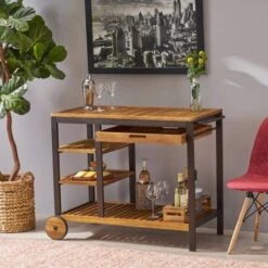 Admirals Indoor Acacia Wood Bar Cart By Christopher Knight Home - N/A - Natural Finish + Rustic Metal
