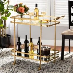 Baxton Studio Destin Glam Brushed Gold Metal And Mirrored Glass 2-Tier Wine Bar Cart - Bronze -Elegance Barware 1b07dd9b e091 4498 ba97 2579c692b9a0
