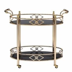 Two Tier Metal Framed Serving Cart With Designer Side Rails And Glass Shelves, Gold And Black - Metal -Elegance Barware 1e3da51b 0f7c 41e2 a803 30676600ab92