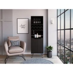 FM Furniture Sheffield H Bar Cabinet With Glass Rack, Open Shelf, Double Cabinet, 8 Bottle Cubbies, And Hairpin Legs - Laminate