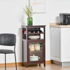 HOMCOM Wine Storage Cabinet With 4 Bottle Wine Rack, Open Shelf, Acrylic Door Cabinet With Adjustable Shelf - 19" L X 12.75" D X 37.5" - Espresso -Elegance Barware 25062372 bdc9 479b a441 60205f32e380