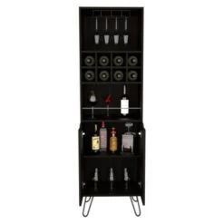 FM Furniture Sheffield H Bar Cabinet With Glass Rack, Open Shelf, Double Cabinet, 8 Bottle Cubbies, And Hairpin Legs - Laminate -Elegance Barware 26ed6e58 4099 494c 83c5 9ef36a0567fb