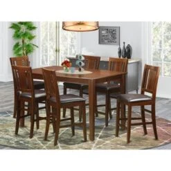 7-Pieces Rubberwood Counter-height Dining Room Pub Set - A Table With 6 Chairs In Mahogany Finish (Seat's Type Options) - DUBU7H-MAH-LC