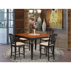 Black & Cherry Finish Natural Rubberwood 5-piece Dining Pub Set -Counter-height Square Table- 4 Chairs(Seat's Type Options) - CHEL5-BLK-C