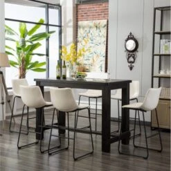 Roundhill Furniture Lotusville 7-PC Antique Black Wood Table With Faux Leather Barstools - White -Elegance Barware 32adb8ff de20 416b 9df4 4b4b93dfd190