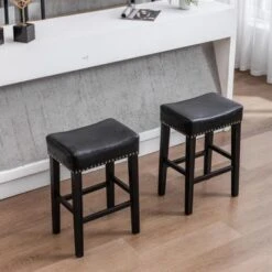 Wooden Height 26" Backless Faux Leather Stools,Set Of 2 - Black -Elegance Barware 32c49a34 f00a 4484 abfe 5081583a4bf4