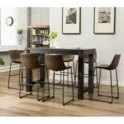 Roundhill Furniture Lotusville 7-PC Antique Black Wood Table With Faux Leather Barstools - Grey -Elegance Barware 32e851e4 d147 42f4 b364 8415c528f02b