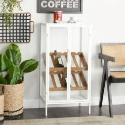 Black Metal 10 Or 15 Bottle Standing Wine Rack With Wine Glass Holders And Wood Accents - 14"W X 21"L X 41"H - White