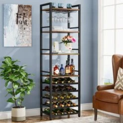 Lee 9-Tier Freestanding Floor Wine Rack, 20-Bottle Wine Bakers Rack With Glass Holder And Storage Shelves - Brown