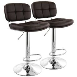 Elama 2 Piece Adjustable Faux Leather Bar Stool In Brown With Chrome Base - Brown
