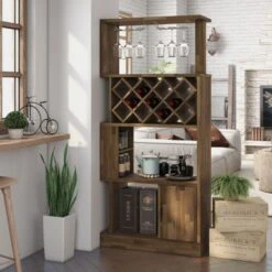 DH BASIC Contemporary Dual-Side Access Lattice 11-Bottle Wine Rack And Cabinet By Denhour - Light Hickory