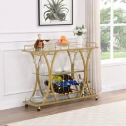 Serving Cart Glass Bar 3-Tier Metal Frame And Shelf - Golden