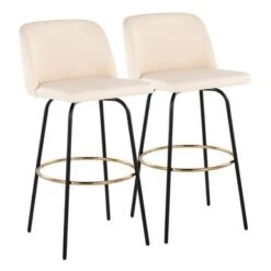Silver Orchid Vallberga 30" Fixed-Height Bar Stool With Metal Base & Round Gold Footrest (Set Of 2) - Cream Noise Fabric/Black Metal Base -Elegance Barware 3cbb894d 73e8 4b20 9f0f 7deacfad3fa2