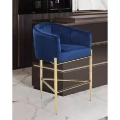 Silver Orchid Beavers Velvet Upholstered Shelter Arm Bar Stool - Navy - Counter Height