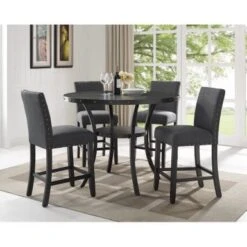Biony Espresso Wood Counter Height Dining Set With Fabric Nailhead Stools - Blue -Elegance Barware 41c3cdc3 e98a 4960 be26 81d673dc774a