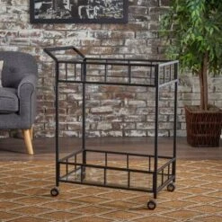 Falon Indoor Modern Bar Cart With Tempered Glass By Christopher Knight Home - N/A - Black