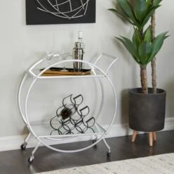 Metal Contemporary Bar Cart With Wheels - Silver