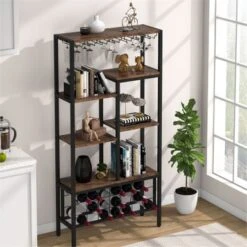 Lee Vintage Retro Brown/ Black Freestanding Wine Bar Rack Cabinet With Glass Holder, Industrail Wood Wine Storage Display Shelves - Vintage Brown -Elegance Barware 46489cc6 b466 4fd3 bf5e 79aae35d1b61