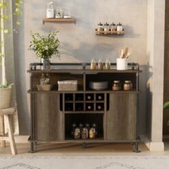 DH BASIC Rustic Iron 7-Shelf And 8-Bottle Wine Cabinet By Denhour - Reclaimed Oak -Elegance Barware 4be5c105 1e39 454e af12 c81871f7d1ff