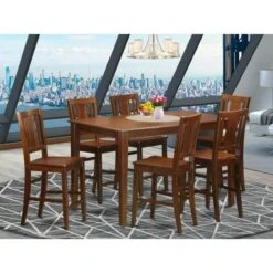 7-Pieces Rubberwood Counter-height Dining Room Pub Set - A Table With 6 Chairs In Mahogany Finish (Seat's Type Options) - DUBU7H-MAH-W