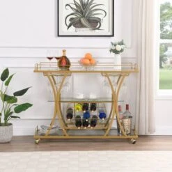 Serving Cart Glass Bar 3-Tier Metal Frame And Shelf - Golden -Elegance Barware 53a01b0d 6b9e 4ebe 8665 68b5cef455aa