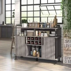 DH BASIC Rustic Iron 7-Shelf And 8-Bottle Wine Cabinet By Denhour - Vintage Grey Oak