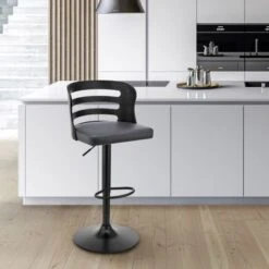 Khalia Adjustable Swivel Faux Leather And Wood Bar Stool With Metal Base - Grey And Black -Elegance Barware 5de76e02 feb9 4581 b54c 2edf606617ed