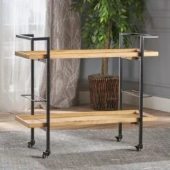 Gerard Modern Industrial 2-Tier Wood Bar Cart With Wheels By Christopher Knight Home - 38.00" W X 16.10" D X 33.00" H - Brown
