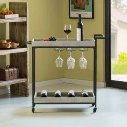 Vintiquewise Metal Wine Bar Serving Cart With Rolling Wheels, Wine Rack, And Glass Holder - Black -Elegance Barware 68202c4a 1990 47fb a31d 0b9797bd01a3