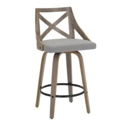 The Gray Barn Charlotte 26" Fixed-Height Counter Stool With Round Footrest (Set Of 2) - Grey Fabric/Light Grey Wood/Black Footrest
