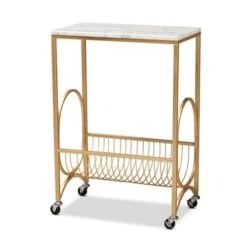 Baxton Studio Jacek Modern And Contemporary Gold Metal Wine Cart With Marble Top - White, Gold