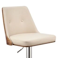 Jacob Adjustable And Swivel Faux Leather And Wood Bar Stool With Metal Base - Cream, Walnut And Chrome