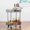 Silver Orchid Marsh Oval Mirrored Glass Top New Bar Cart With Wheels - Black