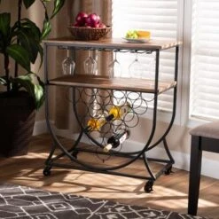 Baxton Studio Dania Antique Vintage Industrial Metal And Wood Mobile Wine Bar Cart - Iron - Black -Elegance Barware 6fe9fd62 b2da 4bcc b125 d72a750153e7