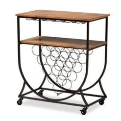 Baxton Studio Dania Antique Vintage Industrial Metal And Wood Mobile Wine Bar Cart - Iron - Black