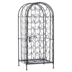 HOMCOM 35 Bottle Wrought Iron Wine Rack Jail With Lock - Black - 17.5*14*38.5 - Black