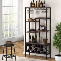 Lee Vintage Retro Brown/ Black Freestanding Wine Bar Rack Cabinet With Glass Holder, Industrail Wood Wine Storage Display Shelves - Vintage Brown -Elegance Barware 7ac13de7 5acc 4ee4 a976 58ee5a17b013