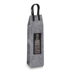 Curata Wines Of The World Grey Felt And Black Leather Wine Tote With Snap Closure - Black