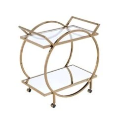 Metal Serving Cart With Tempered Glass Shelves And Tubular Angled Handles, Gold And Clear - Metal