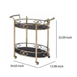 Two Tier Metal Framed Serving Cart With Designer Side Rails And Glass Shelves, Gold And Black - Metal -Elegance Barware 8499e450 37fa 4c6e b915 a2ad1193e8ff