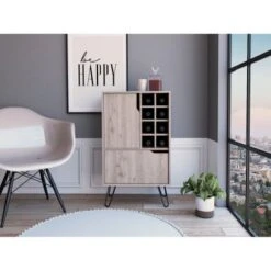 FM Furniture Sheffield L Bar Cabinet With 2 Doors, 4 Inner Shelves, 8 Cubbies, And Hairpin Legs - Laminate