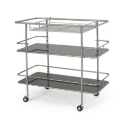 Bridger Modern 3 Tier Bar Cart With Glass Shelving By Christopher Knight Home - 34.00" L X 18.50" W X 31.50" H - Iron/Glass - Silver + Black -Elegance Barware 872e178e 6f11 4e94 b93d c17dc26c30ef